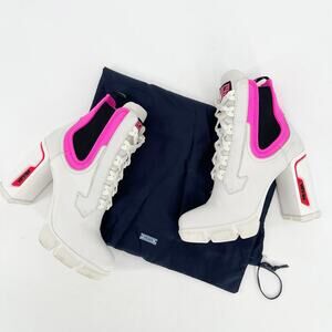 Prada White Leather Hot Pink Neoprene Lace Up Chelsea Combat Ankle Boot IT 37.5